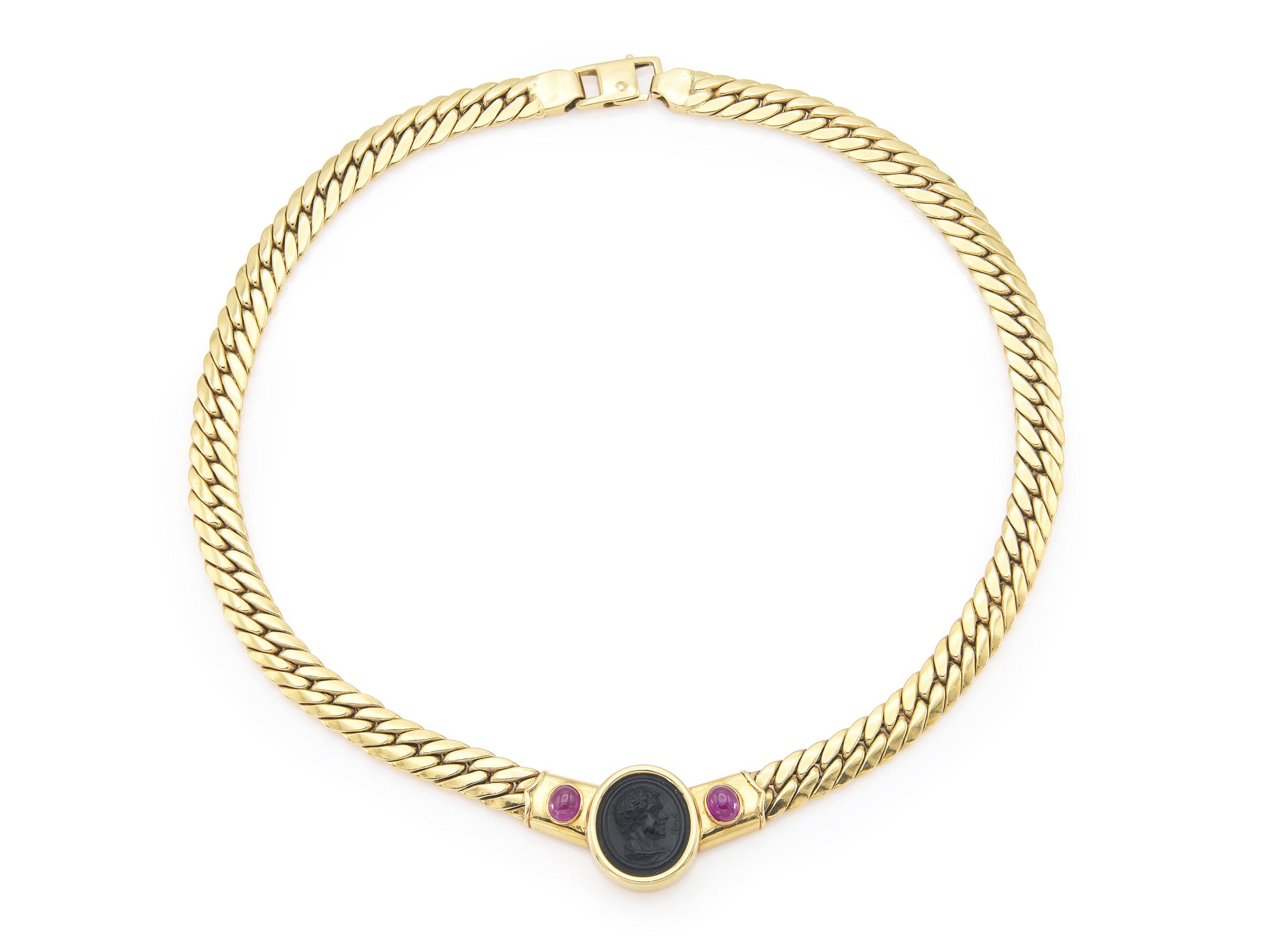 Vintage 1980s Onyx Cameo Gold Cuban Link Necklace with Rubies