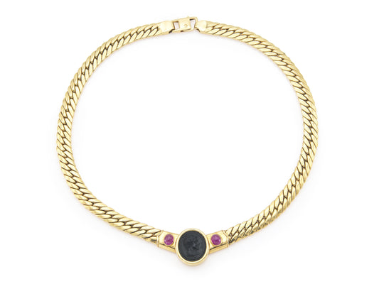 Vintage 1980s Onyx Cameo Gold Cuban Link Necklace with Rubies