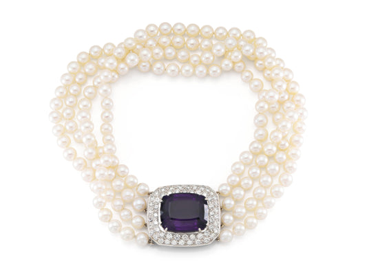 Vintage 50.00 Carat Amethyst and Four Strand Pearl Necklace with Diamonds