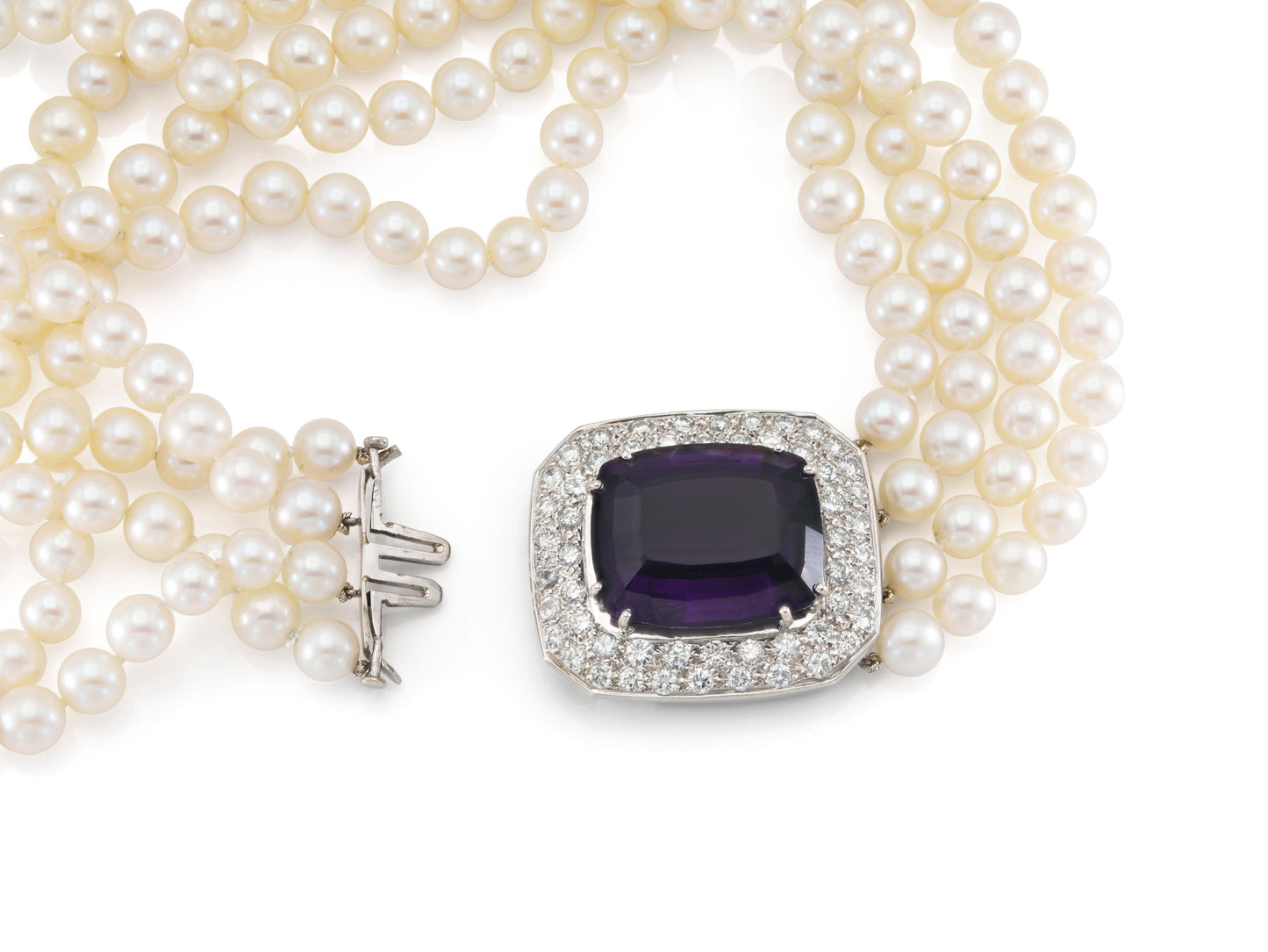 Vintage 50.00 Carat Amethyst and Four Strand Pearl Necklace with Diamonds