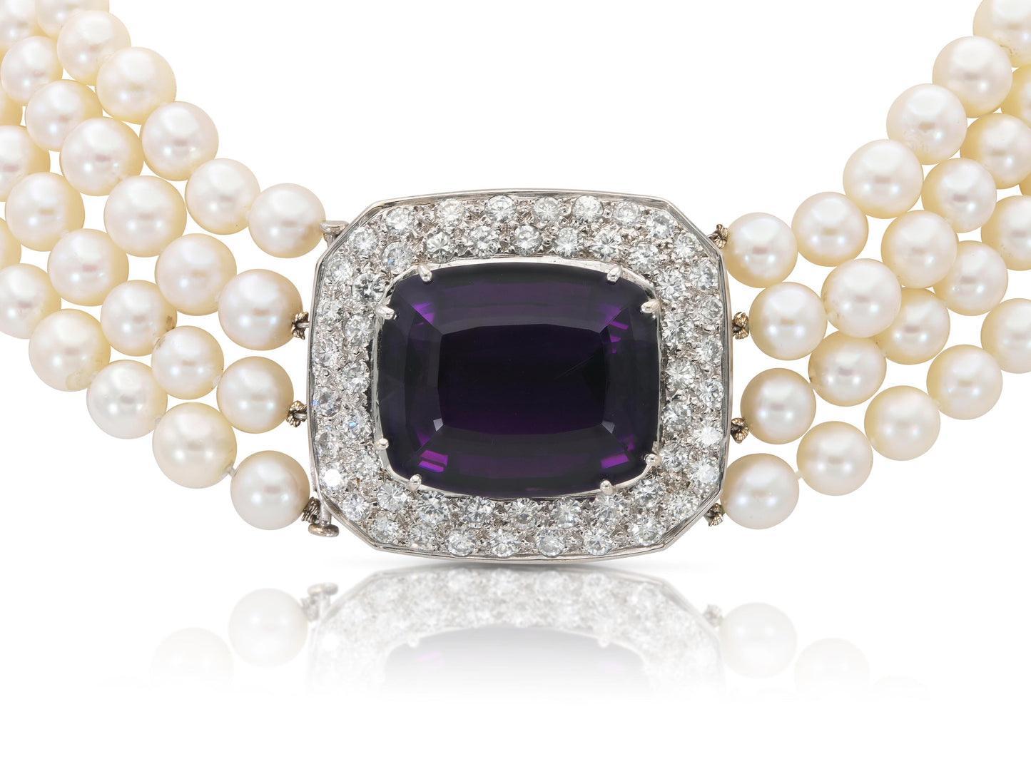 Vintage 50.00 Carat Amethyst and Four Strand Pearl Necklace with Diamonds