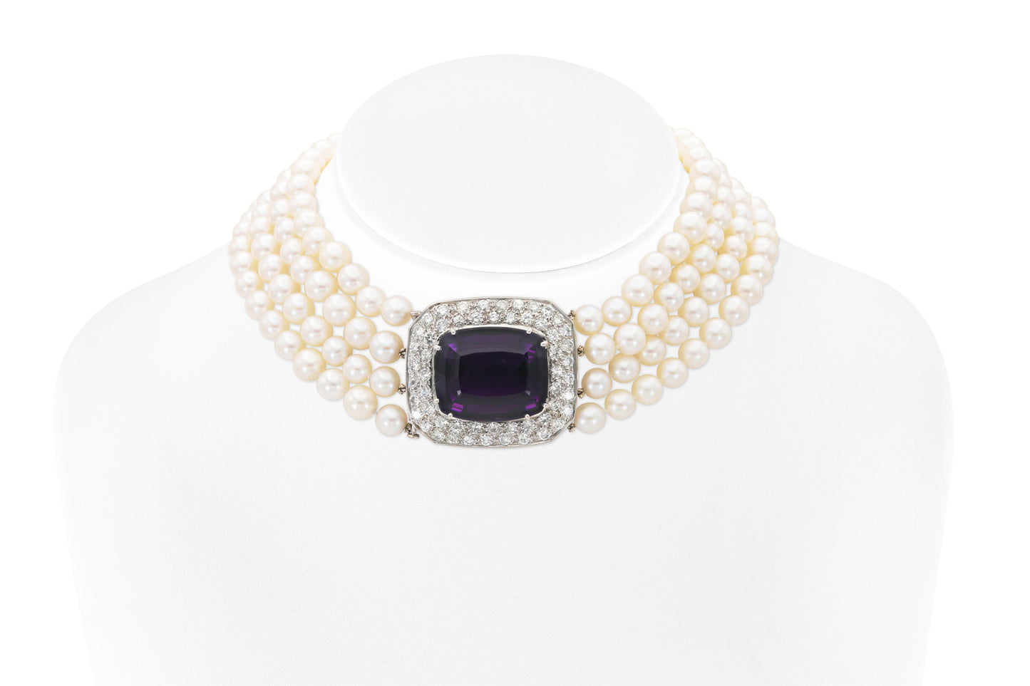 Vintage 50.00 Carat Amethyst and Four Strand Pearl Necklace with Diamonds