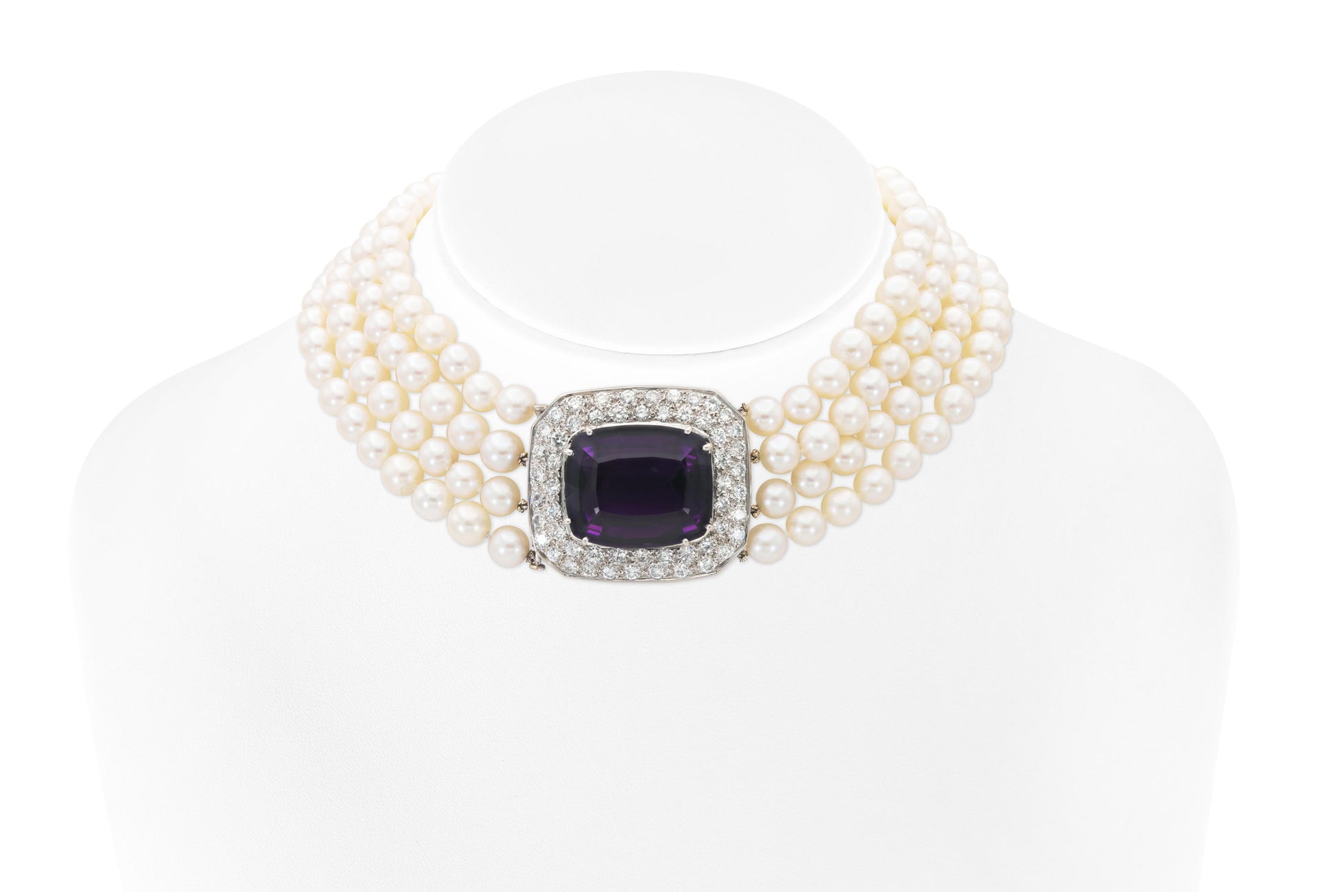 Vintage 50.00 Carat Amethyst and Four Strand Pearl Necklace with Diamonds