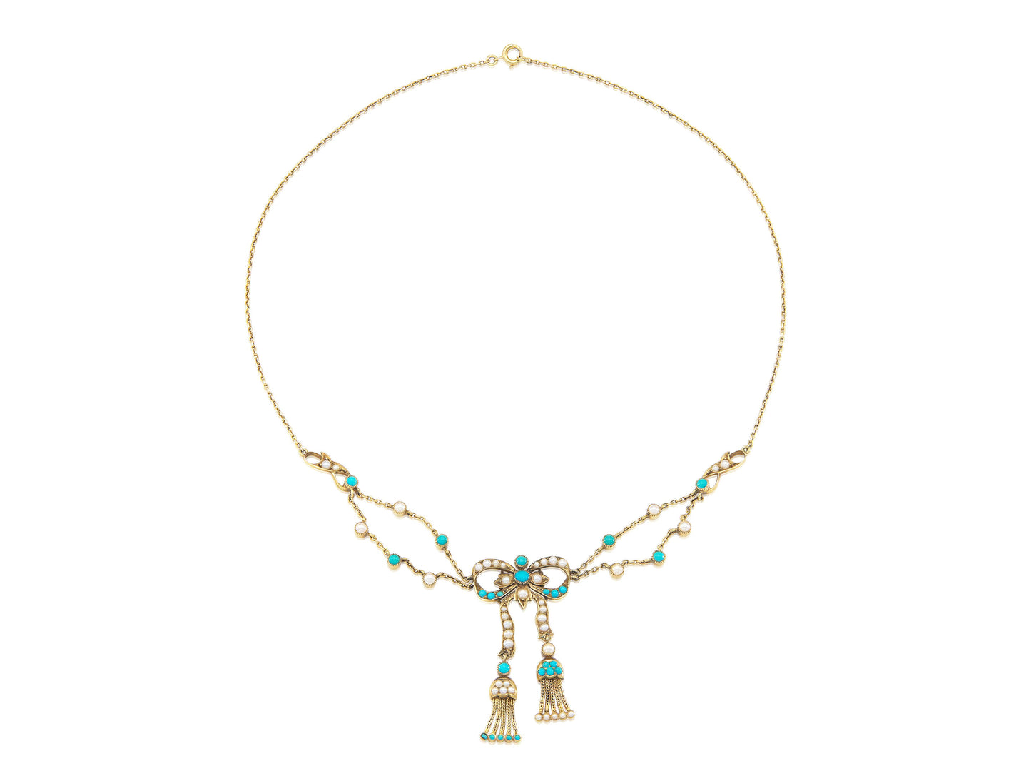 Antique Victorian Pearl & Turquoise Bow Necklace