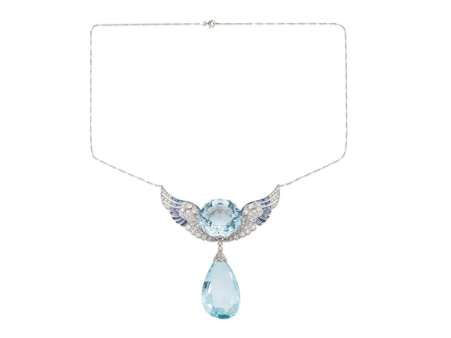 Antique Edwardian 1910s 140.00 Carat Aquamarine Wings Pendant Necklace