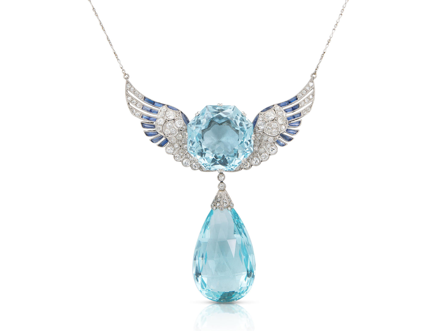 Antique Edwardian 1910s 140.00 Carat Aquamarine Wings Pendant Necklace