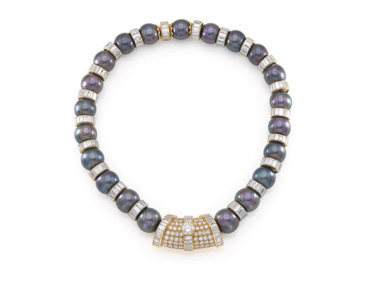 Vintage 1970s Tahitian Pearls Necklace with Diamonds