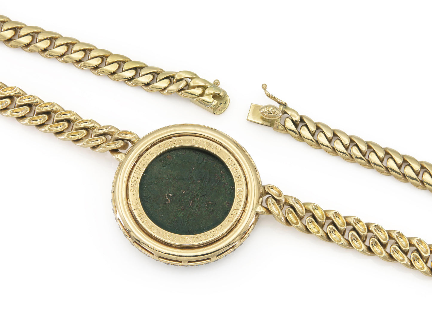 Vintage 1980s Bvlgari Moneta Roman Coin Necklace with Diamonds