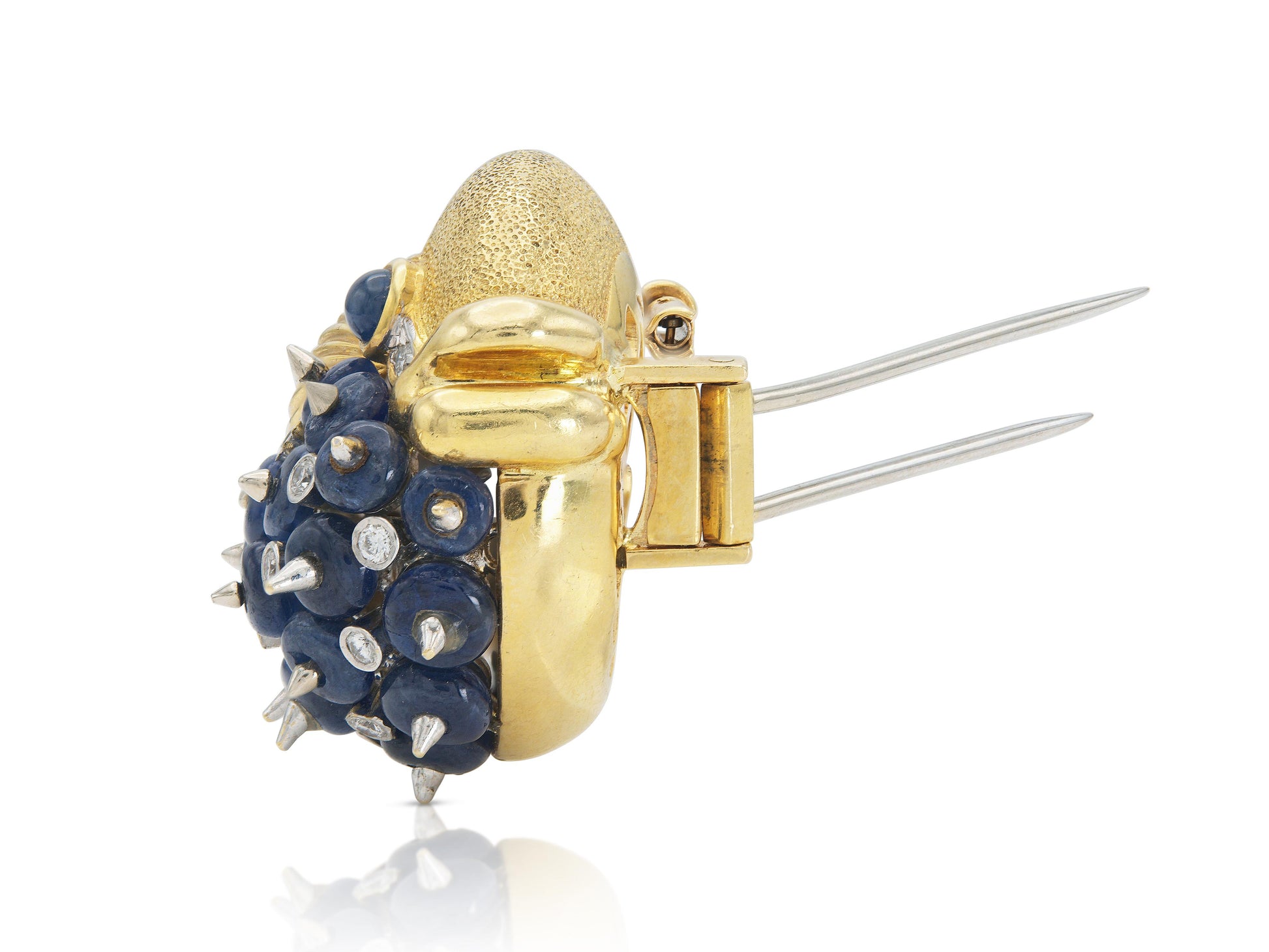 Vintage 1970s Cabochon Sapphire Blowfish Brooch with Diamonds