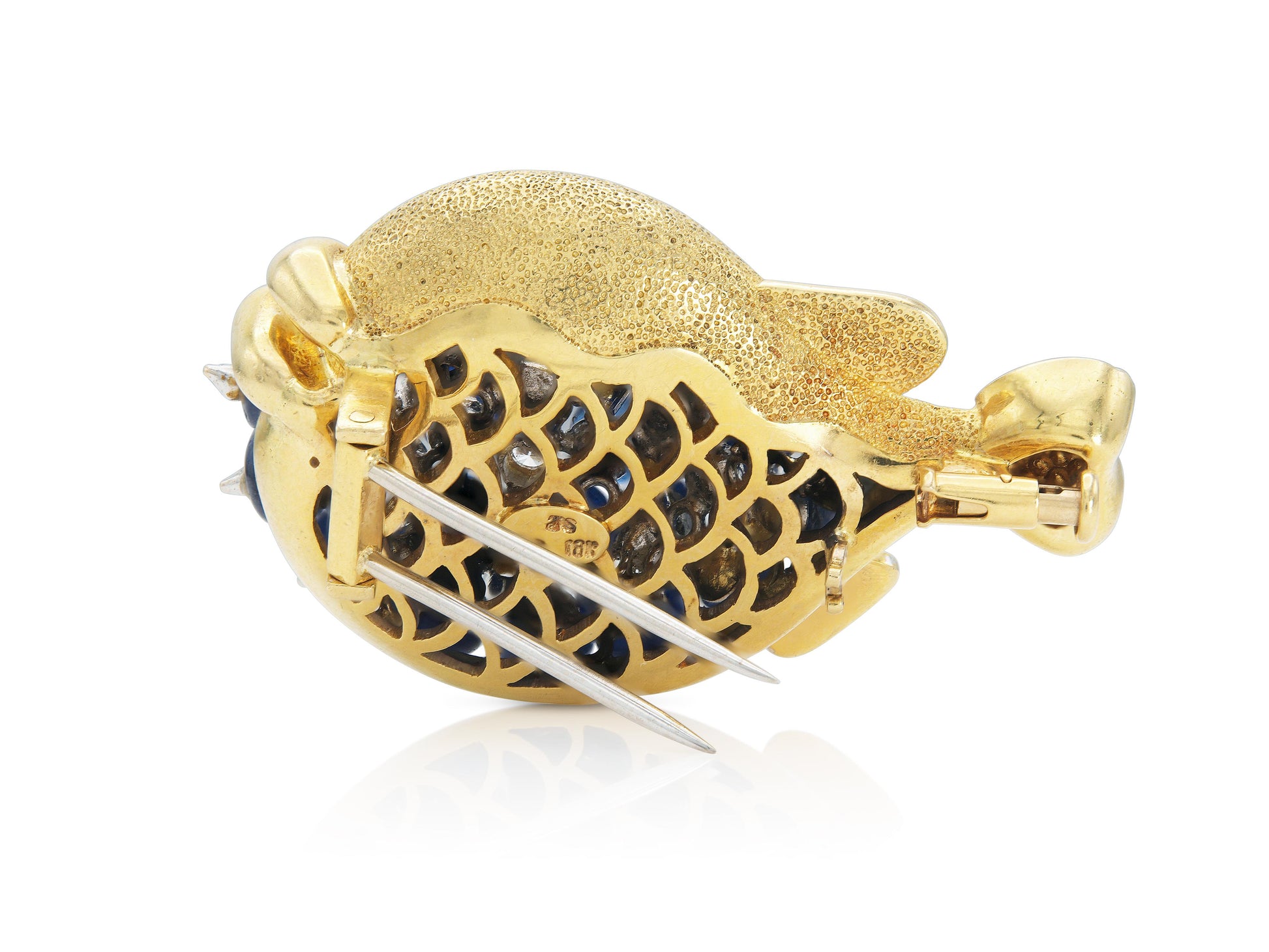 Vintage 1970s Cabochon Sapphire Blowfish Brooch with Diamonds