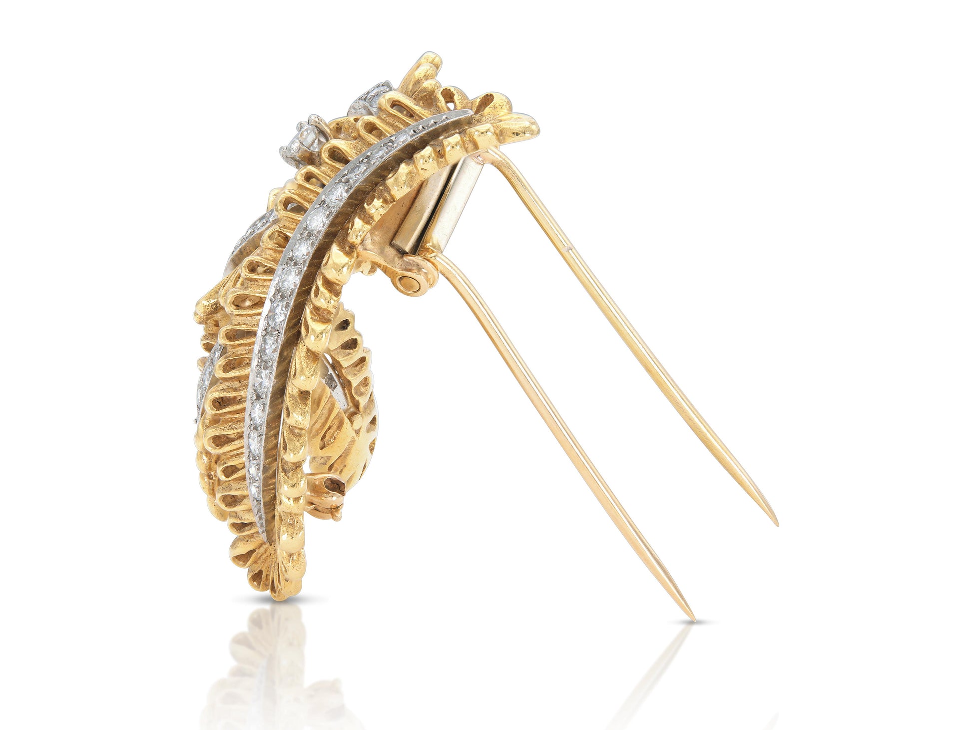 Vintage 1950s Gold Feathers Brooch with Diamonds
