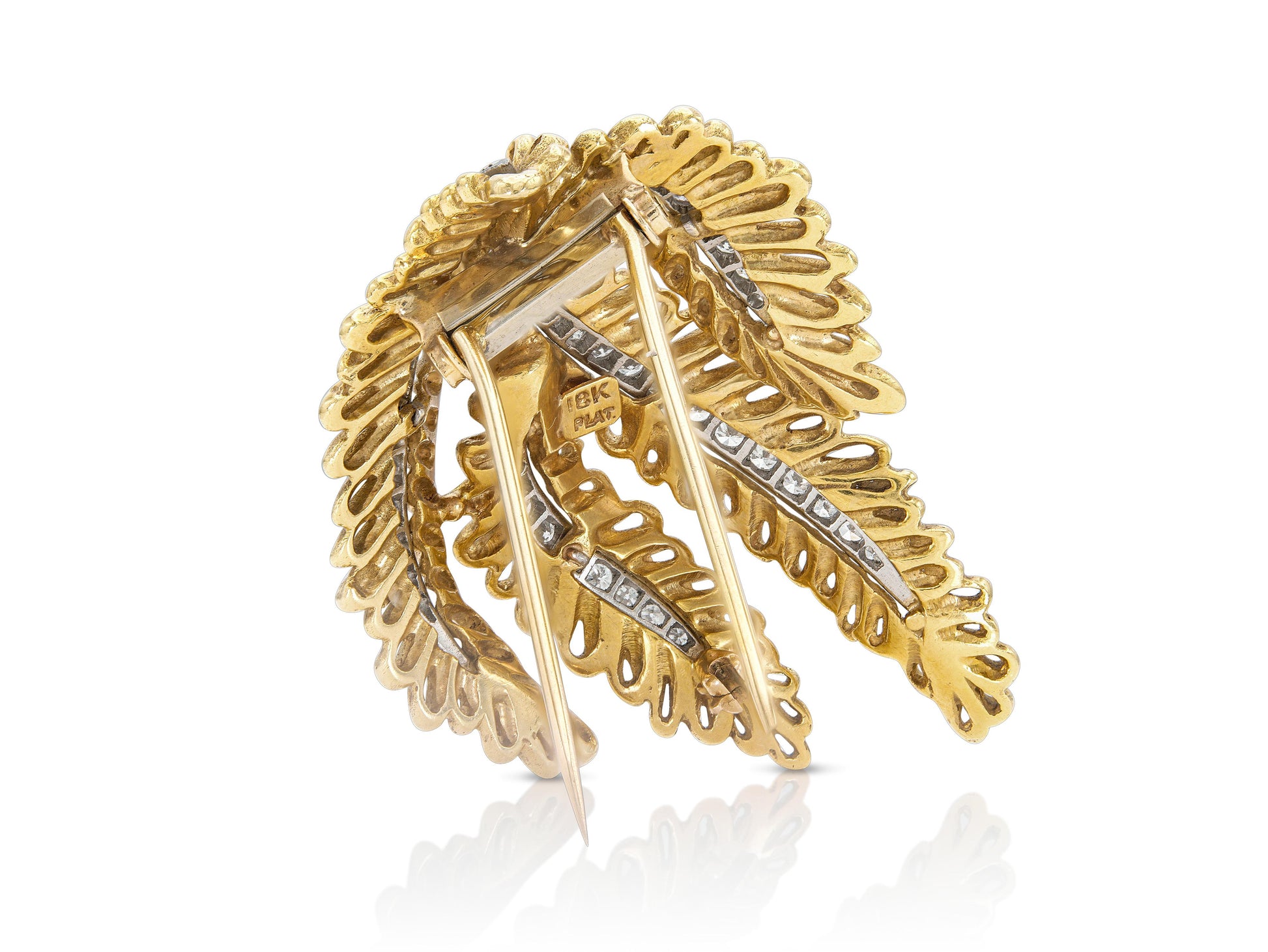 Vintage 1950s Gold Feathers Brooch with Diamonds