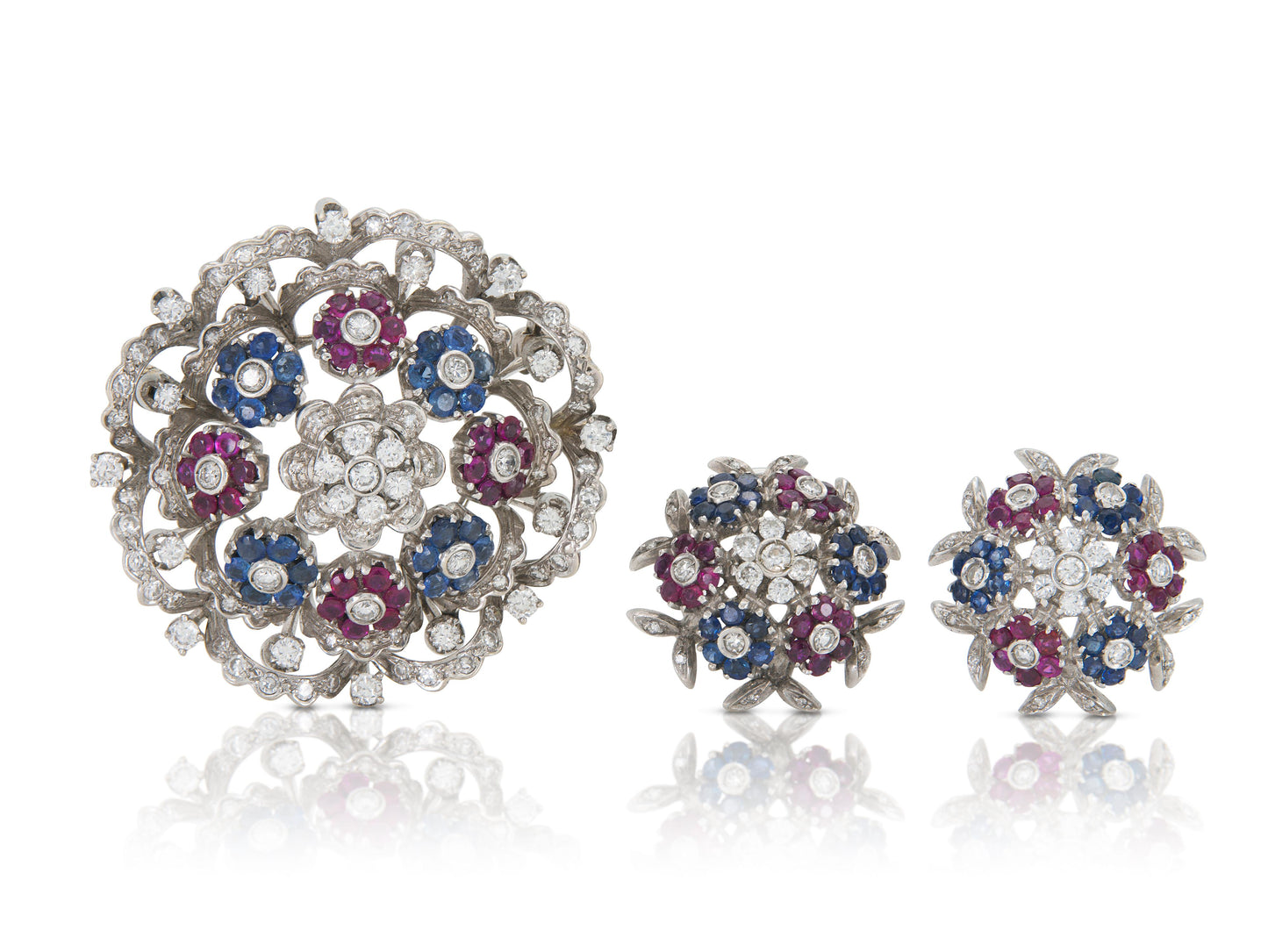 Vintage 1950s Diamond, Sapphire & Ruby Brooch and Earrings Set