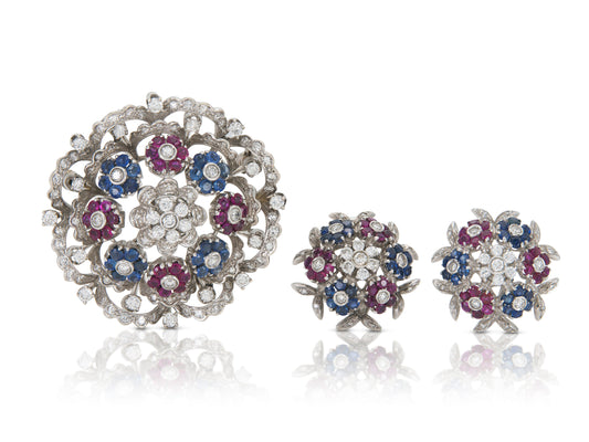 Vintage 1950s Diamond, Sapphire & Ruby Brooch and Earrings Set