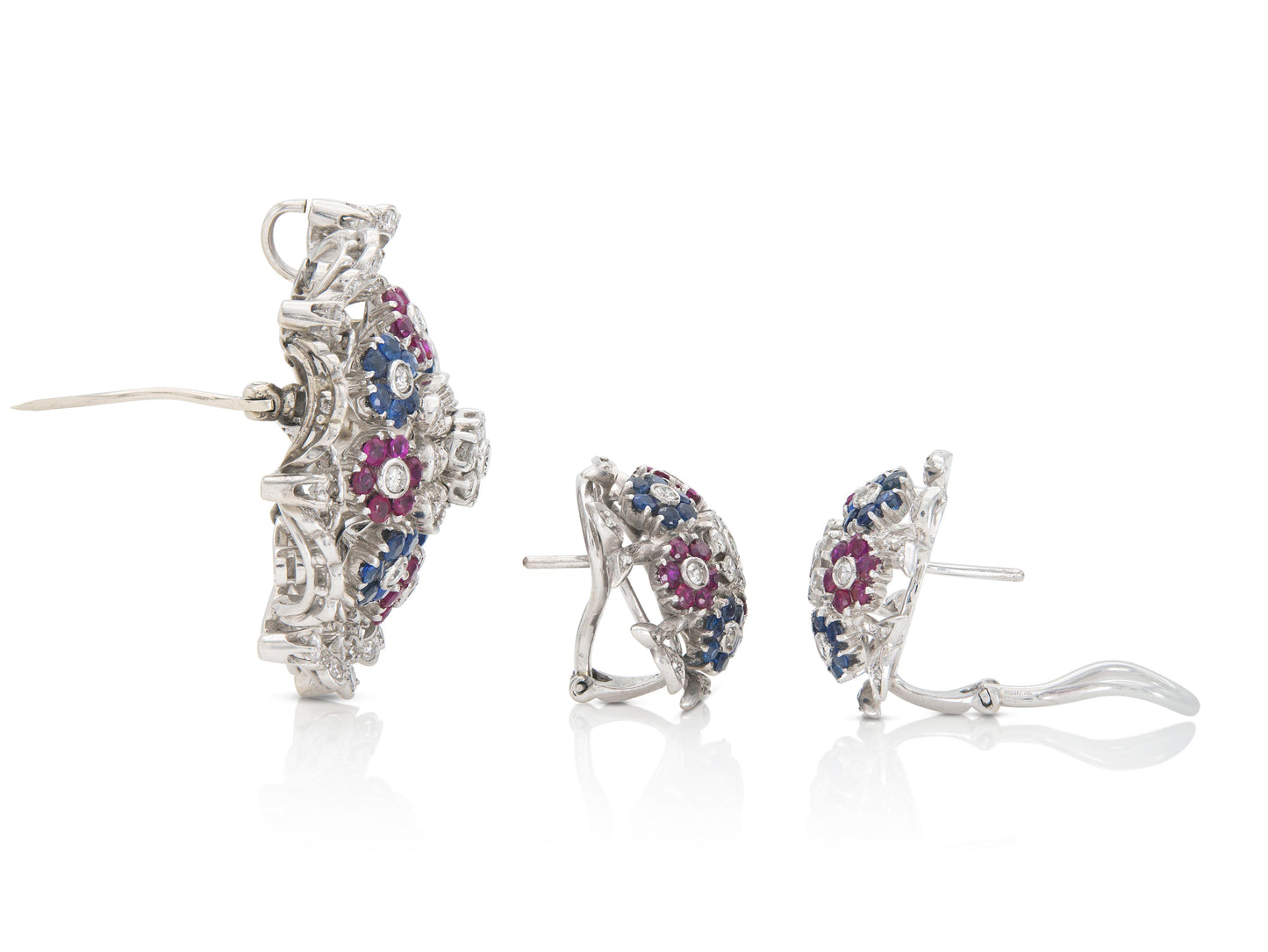 Vintage 1950s Diamond, Sapphire & Ruby Brooch and Earrings Set