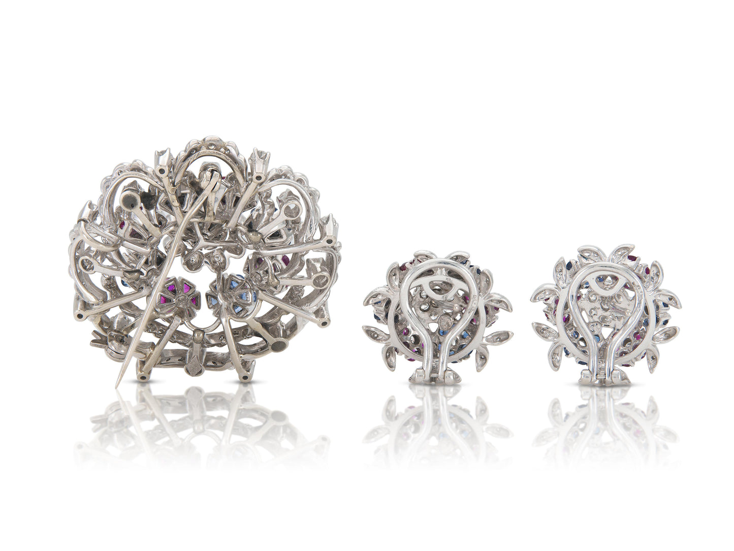 Vintage 1950s Diamond, Sapphire & Ruby Brooch and Earrings Set