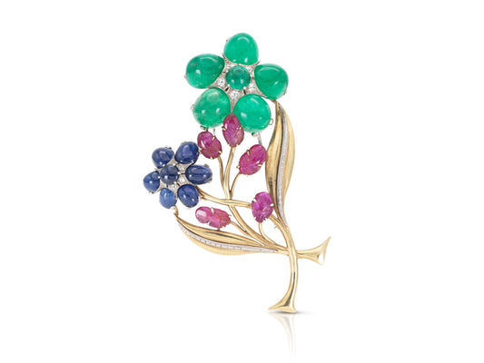 Vintage 1940s Retro Tutti Frutti Cabochon Multi-Gem Flower Brooch