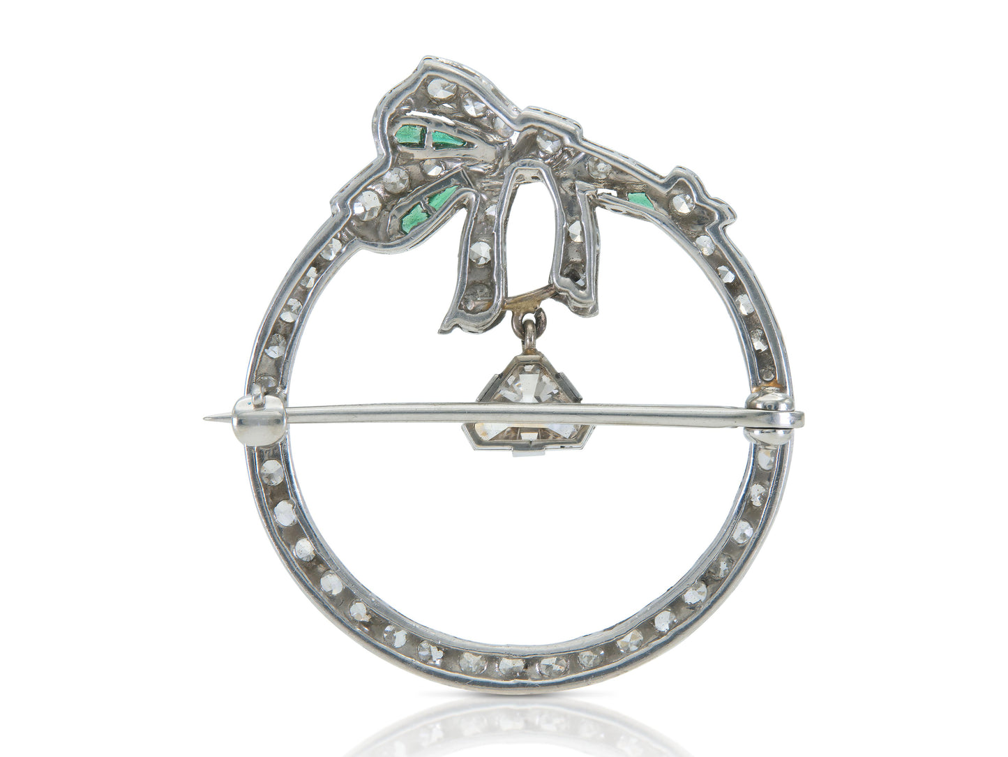 Antique Art Deco 1920s Diamond Circle Bow Brooch with Emeralds
