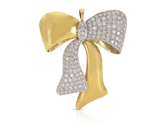 Vintage 1980s Gold and 10.50 Carat Diamond Bow Brooch Pendant