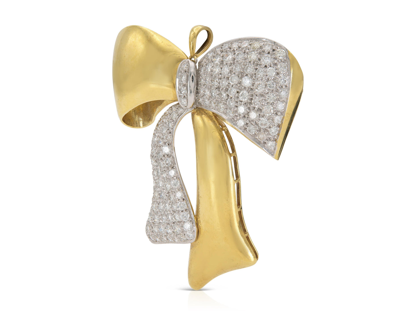 Vintage 1980s Gold and 10.50 Carat Diamond Bow Brooch Pendant