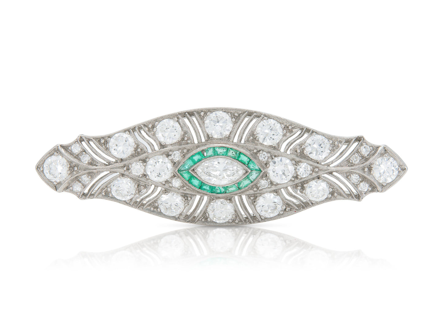 Antique Art Deco 1920s 5.70 Carat Diamond Brooch with Emeralds