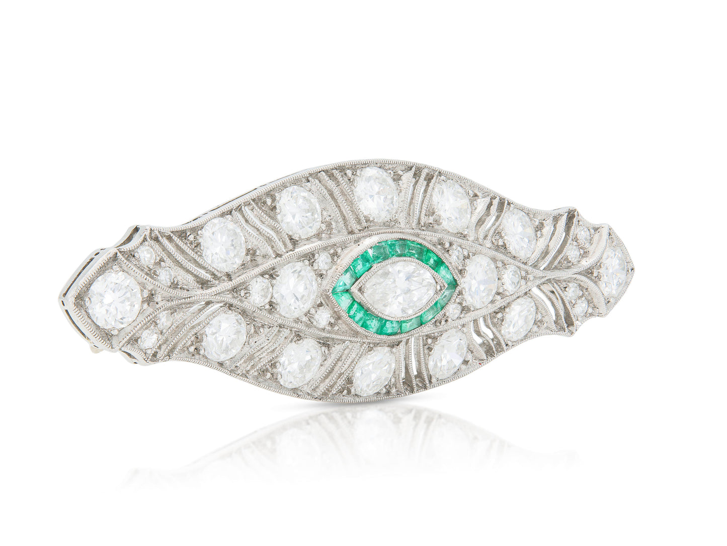 Antique Art Deco 1920s 5.70 Carat Diamond Brooch with Emeralds