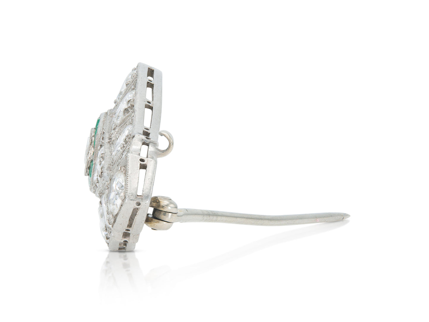 Antique Art Deco 1920s 5.70 Carat Diamond Brooch with Emeralds