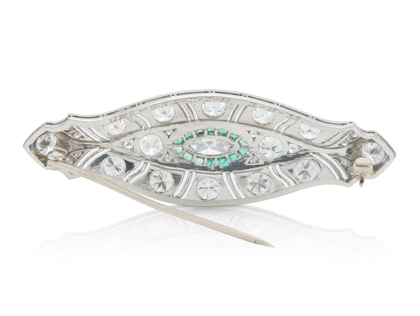 Antique Art Deco 1920s 5.70 Carat Diamond Brooch with Emeralds