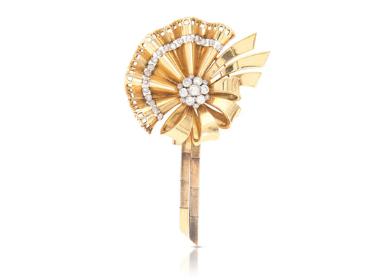 Vintage 1940s Retro Gold and 2.50 Carat Diamond Ribbon Brooch