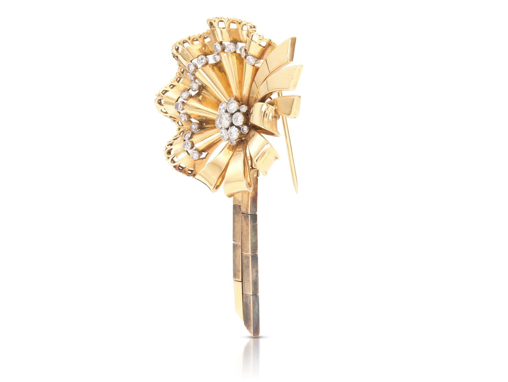 Vintage 1940s Retro Gold and 2.50 Carat Diamond Ribbon Brooch