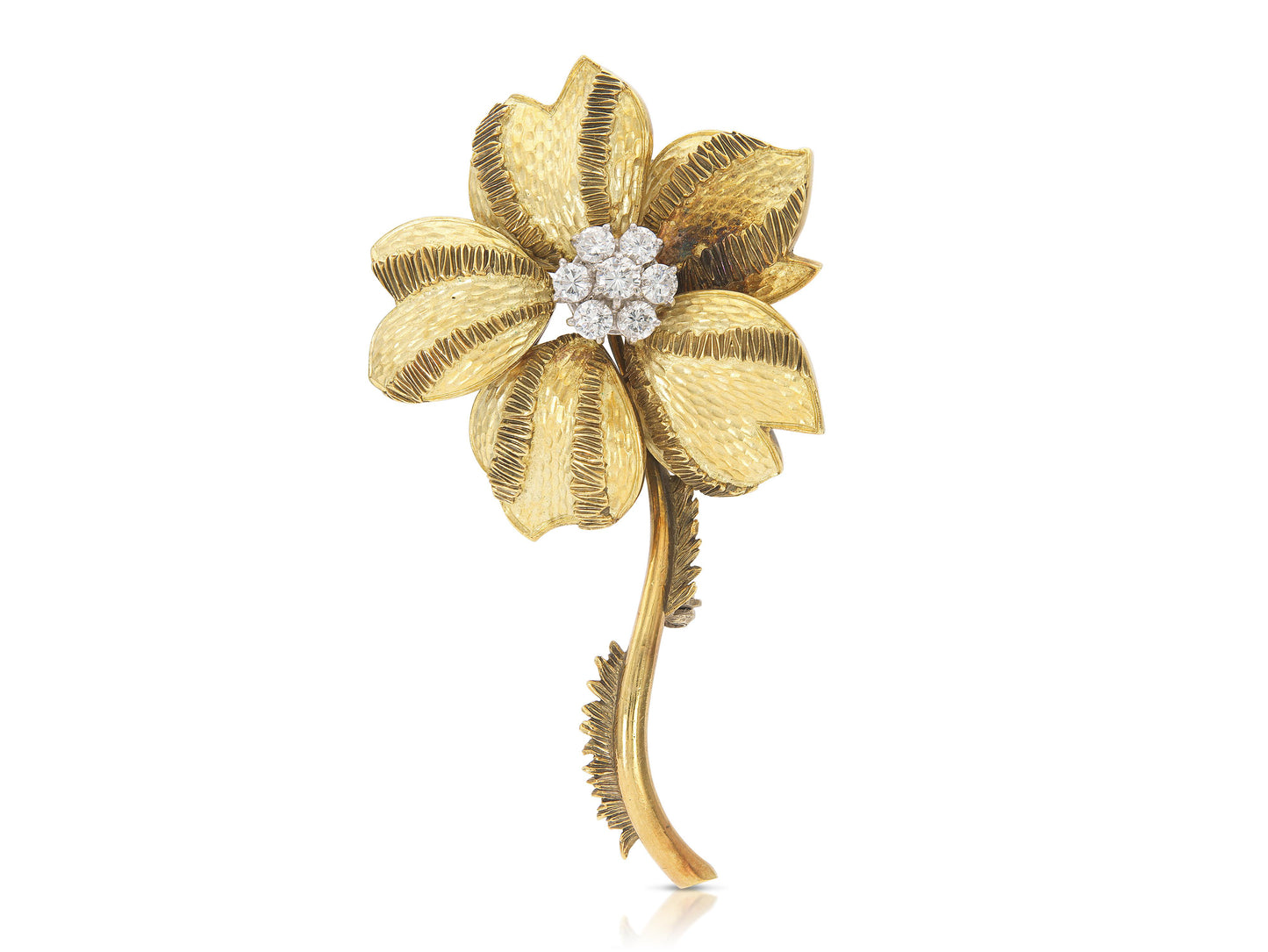 Vintage 1970s Gold and 1.15 Carat Diamond Flower Brooch