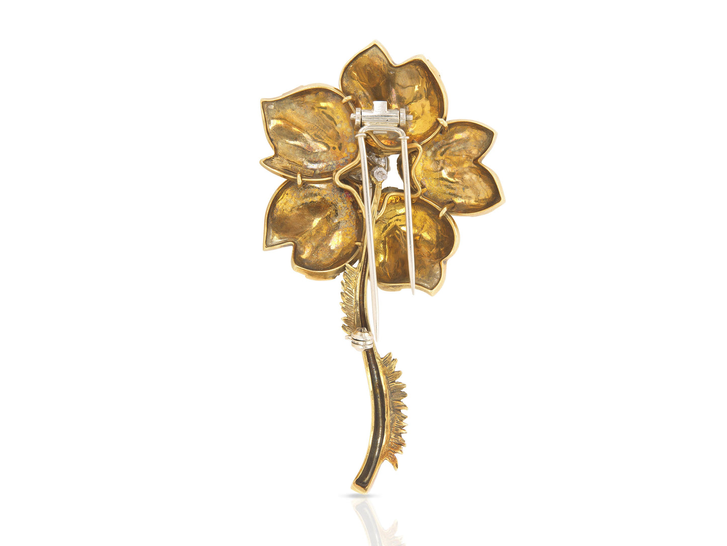 Vintage 1970s Gold and 1.15 Carat Diamond Flower Brooch