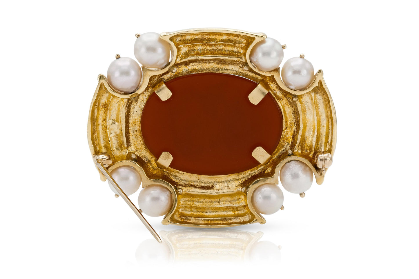 Carnelian Intaglio Yellow Gold Brooch with Pearls