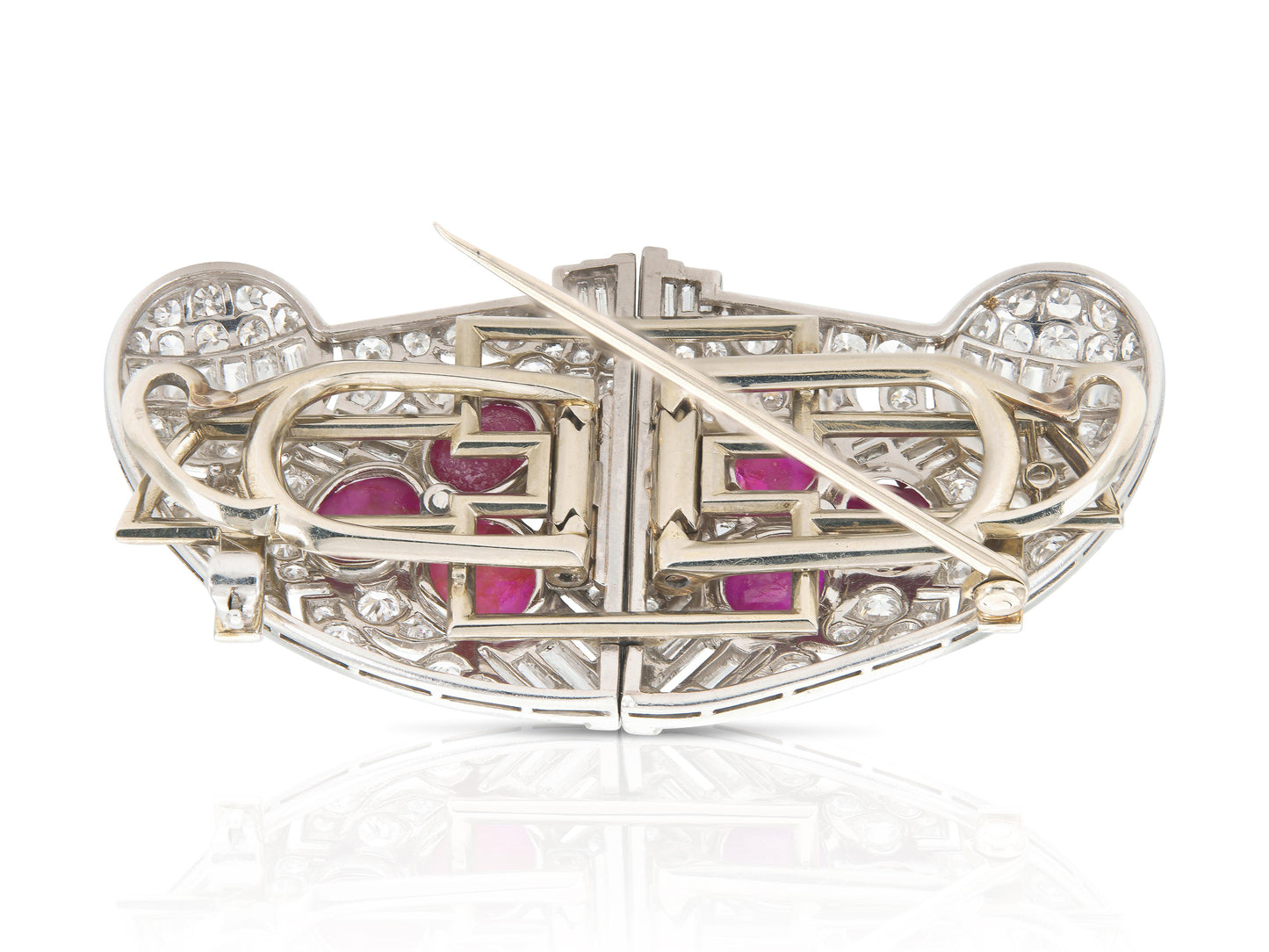 Antique Art Deco 1920s Ruby and Diamonds Double Clip Brooch