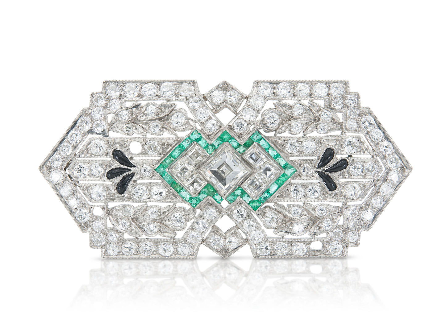 Antique Art Deco 1930s 8.00 Carat Diamond Brooch with Emeralds and Onyx