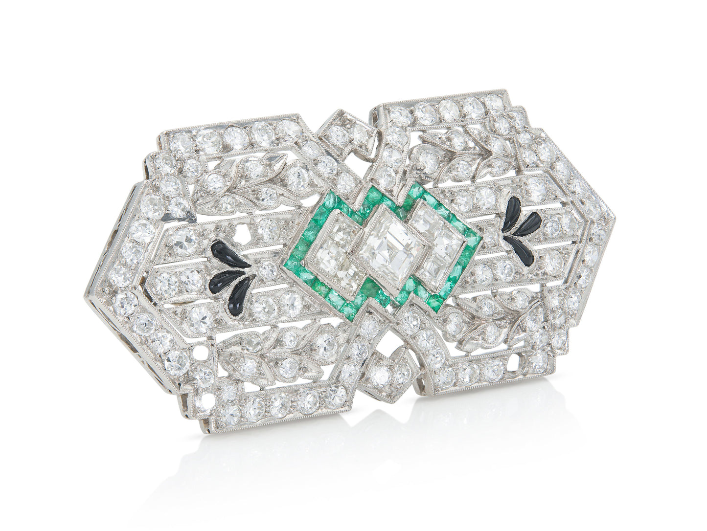 Antique Art Deco 1930s 8.00 Carat Diamond Brooch with Emeralds and Onyx