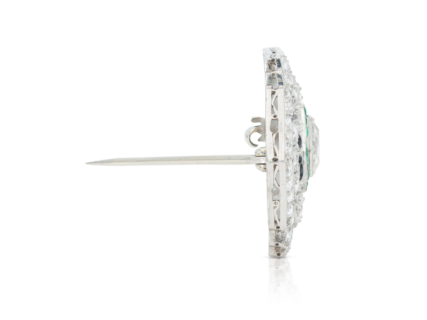 Antique Art Deco 1930s 8.00 Carat Diamond Brooch with Emeralds and Onyx