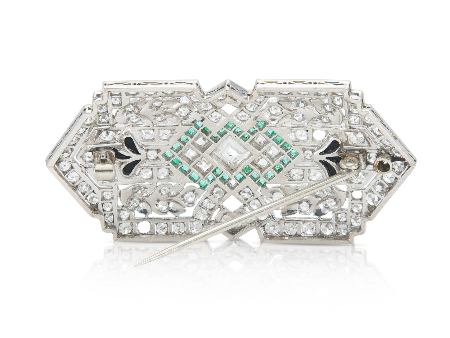 Antique Art Deco 1930s 8.00 Carat Diamond Brooch with Emeralds and Onyx