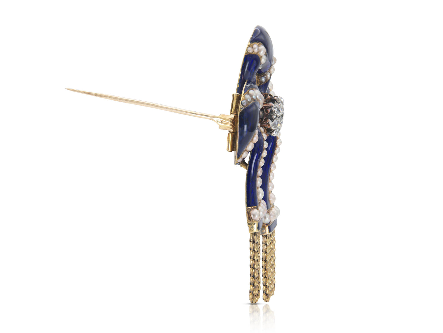 Antique Victorian Enamel Tassle Bow Brooch with Diamonds and Pearls