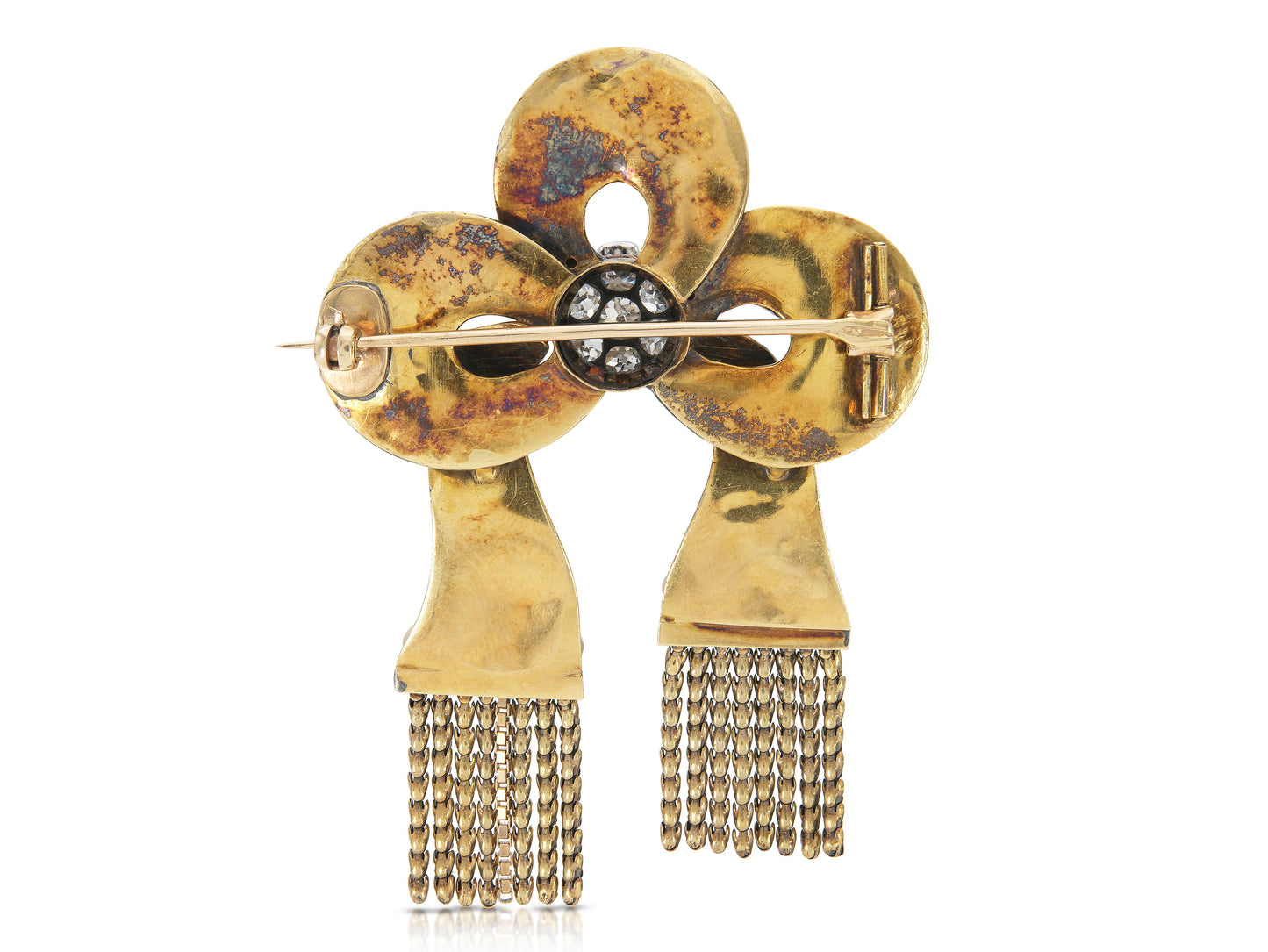 Antique Victorian Enamel Tassle Bow Brooch with Diamonds and Pearls