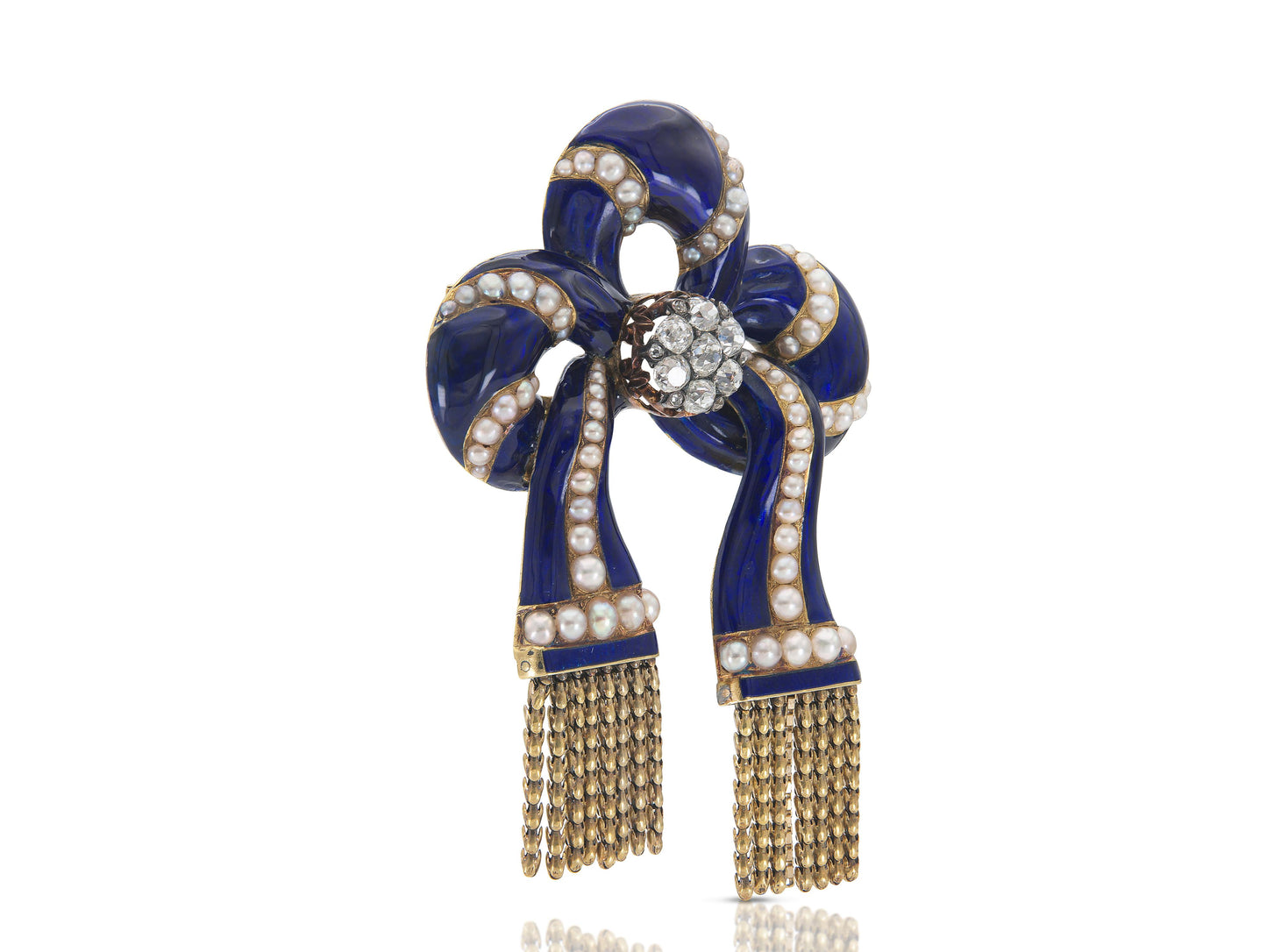 Antique Victorian Enamel Tassle Bow Brooch with Diamonds and Pearls