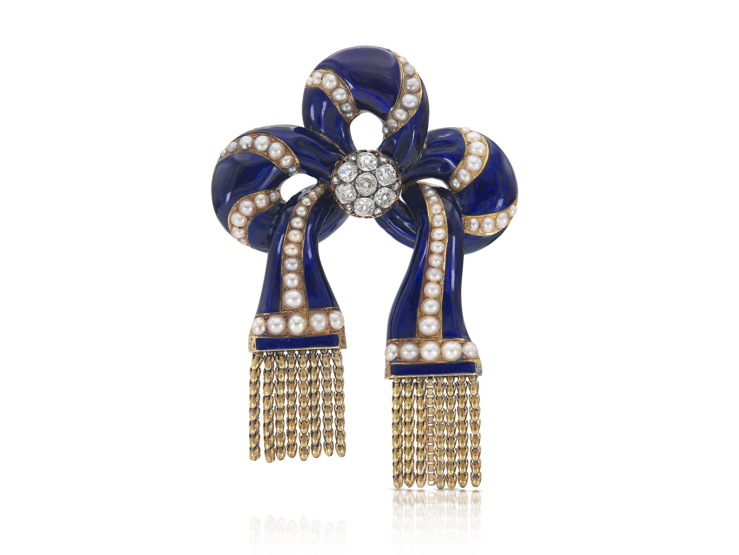 Antique Victorian Enamel Tassle Bow Brooch with Diamonds and Pearls
