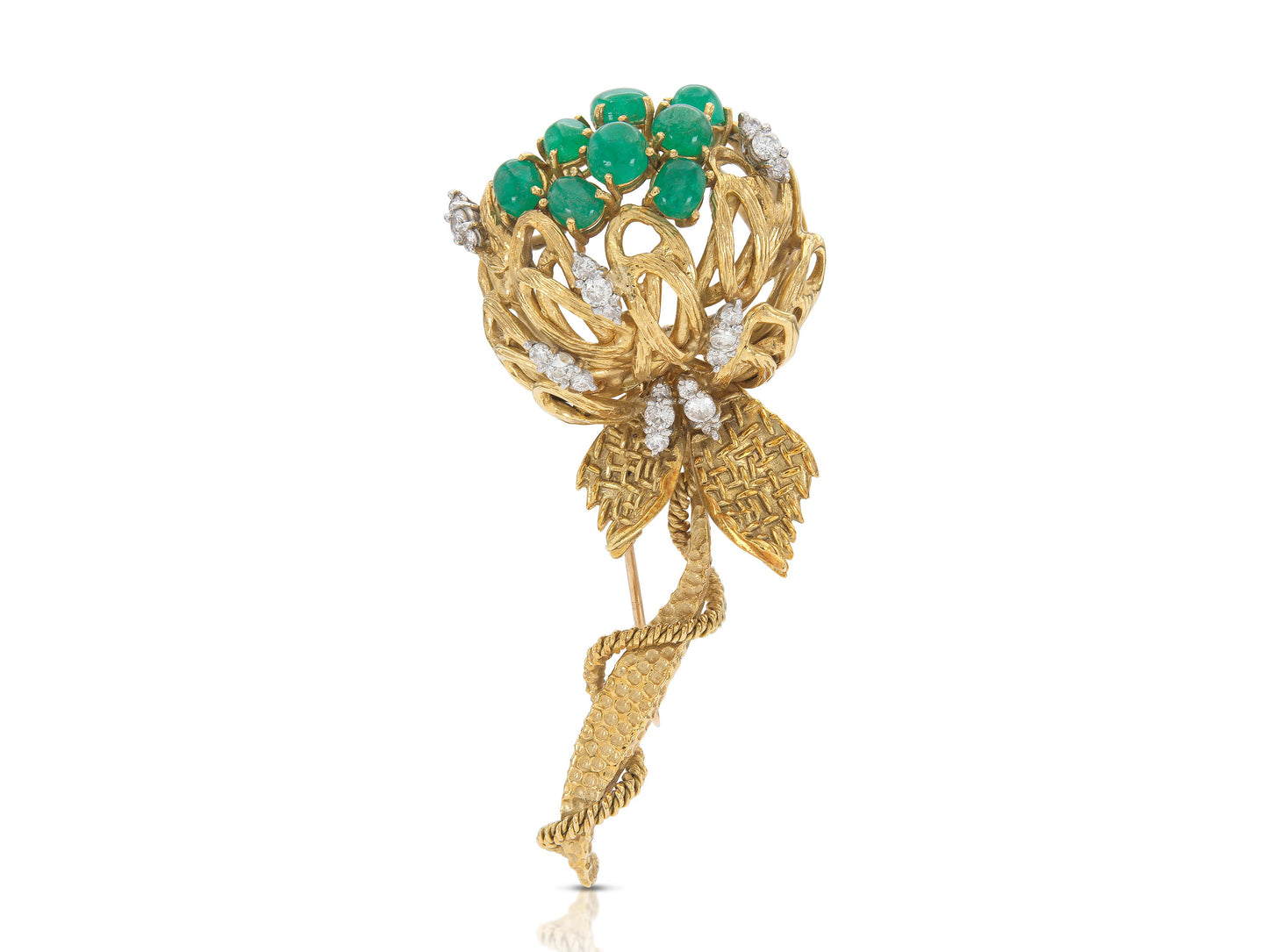 Vintage 1960s Gold Flower Brooch with Emeralds and Diamonds