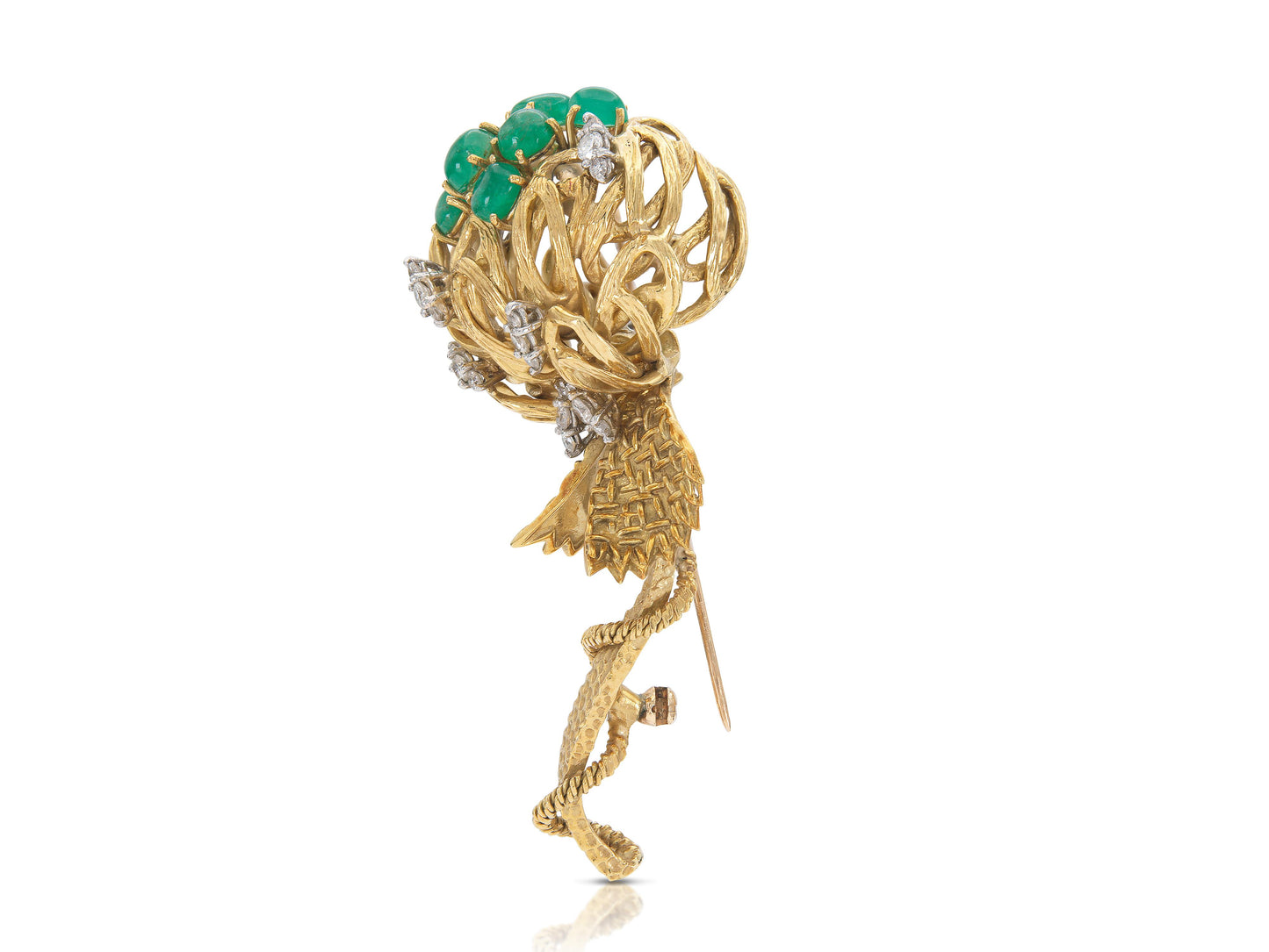 Vintage 1960s Gold Flower Brooch with Emeralds and Diamonds