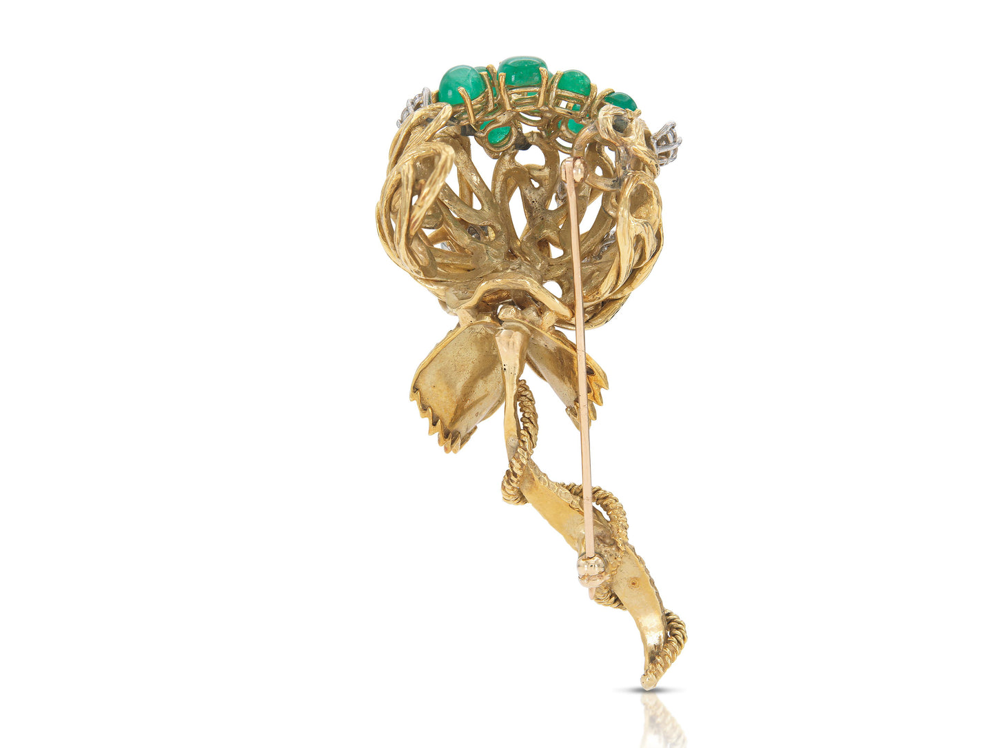 Vintage 1960s Gold Flower Brooch with Emeralds and Diamonds