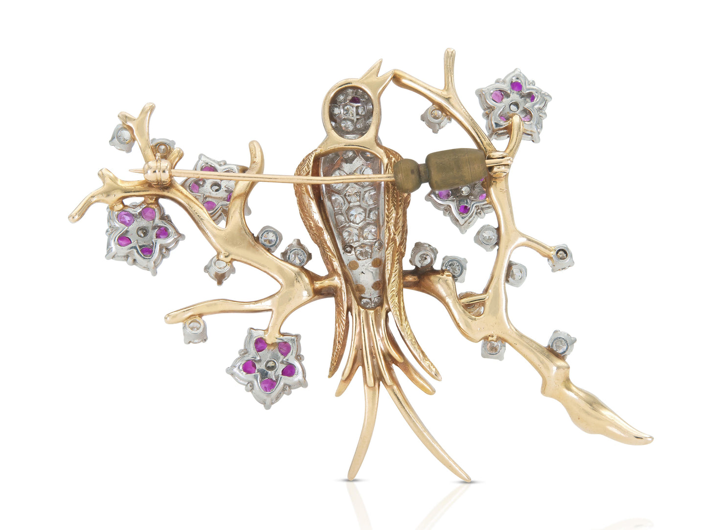 Vintage 1940s Retro Ruby and Diamond Bird on a Branch Brooch