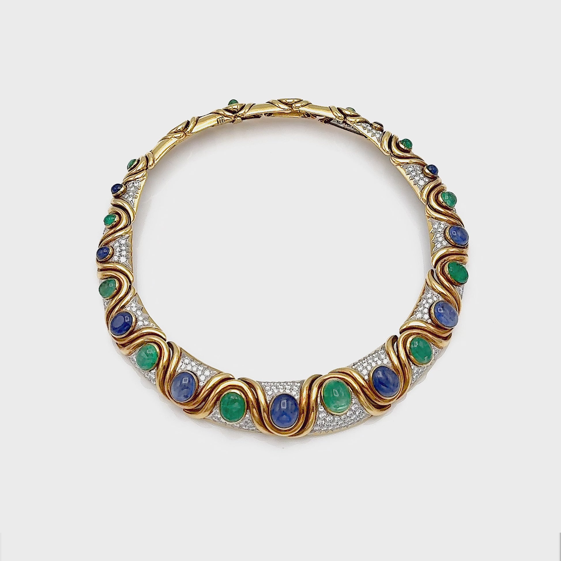 Vintage 1970s David Webb Cabochon Emerald and Sapphire Necklace with Diamonds