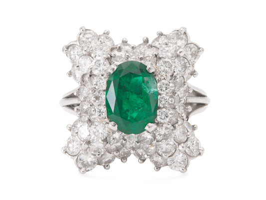Vintage 1950s 1.38 Carat Oval Cut Emerald and 3.00 Carat Diamond Ballerina Ring