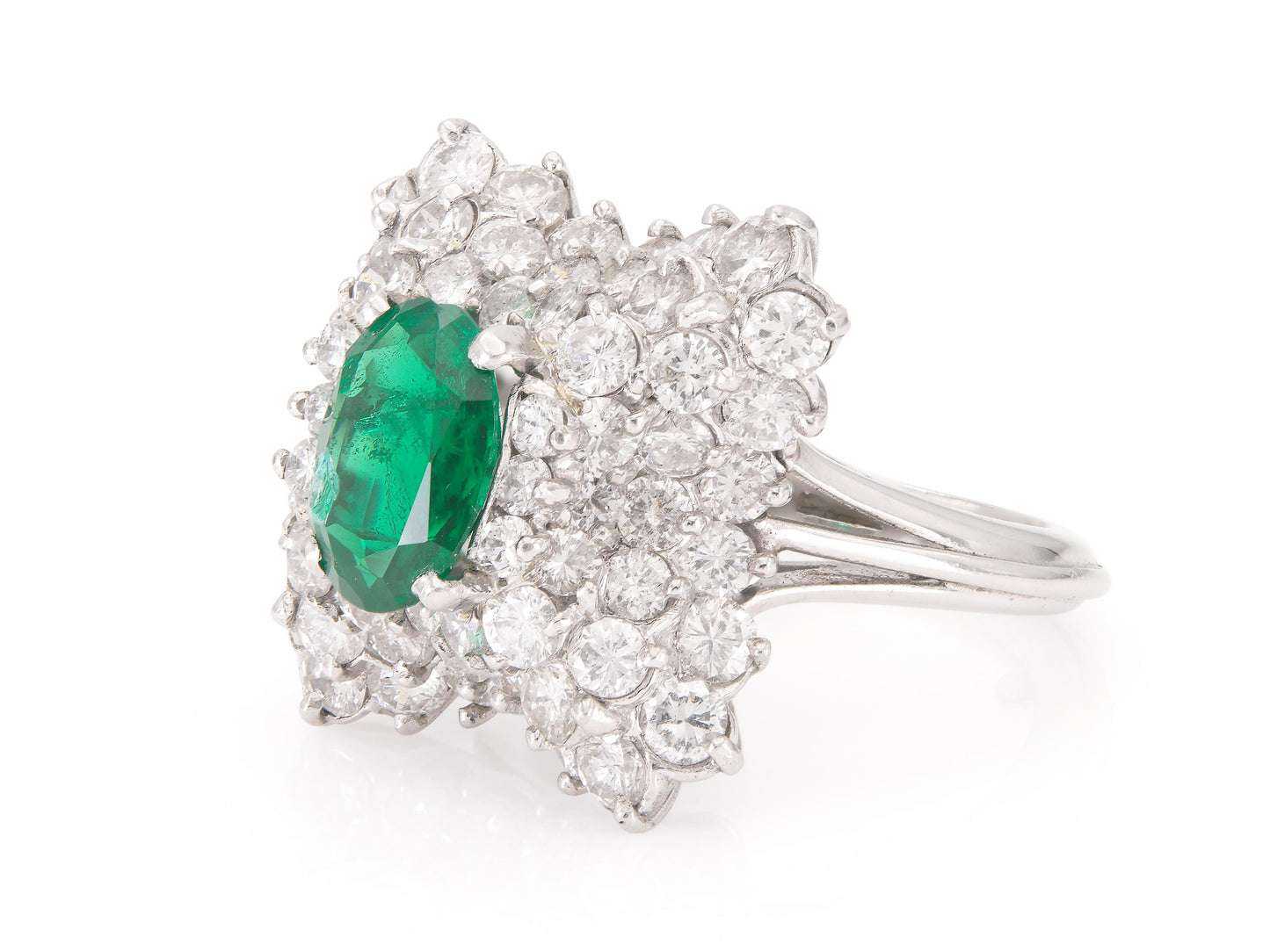 Vintage 1950s 1.38 Carat Oval Cut Emerald and 3.00 Carat Diamond Ballerina Ring
