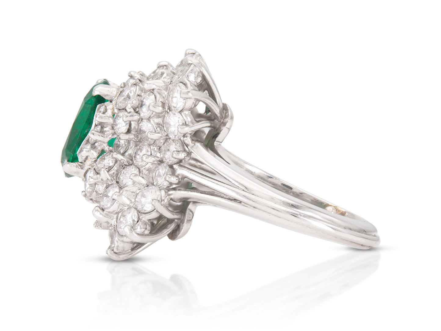 Vintage 1950s 1.38 Carat Oval Cut Emerald and 3.00 Carat Diamond Ballerina Ring